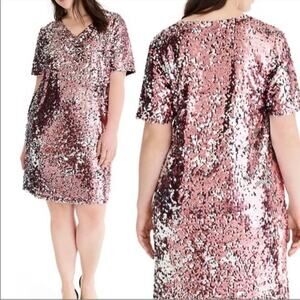 Universal Standard x J.Crew Sequin Dress Pink V-Neck Shift Mini NWT Medium Rare